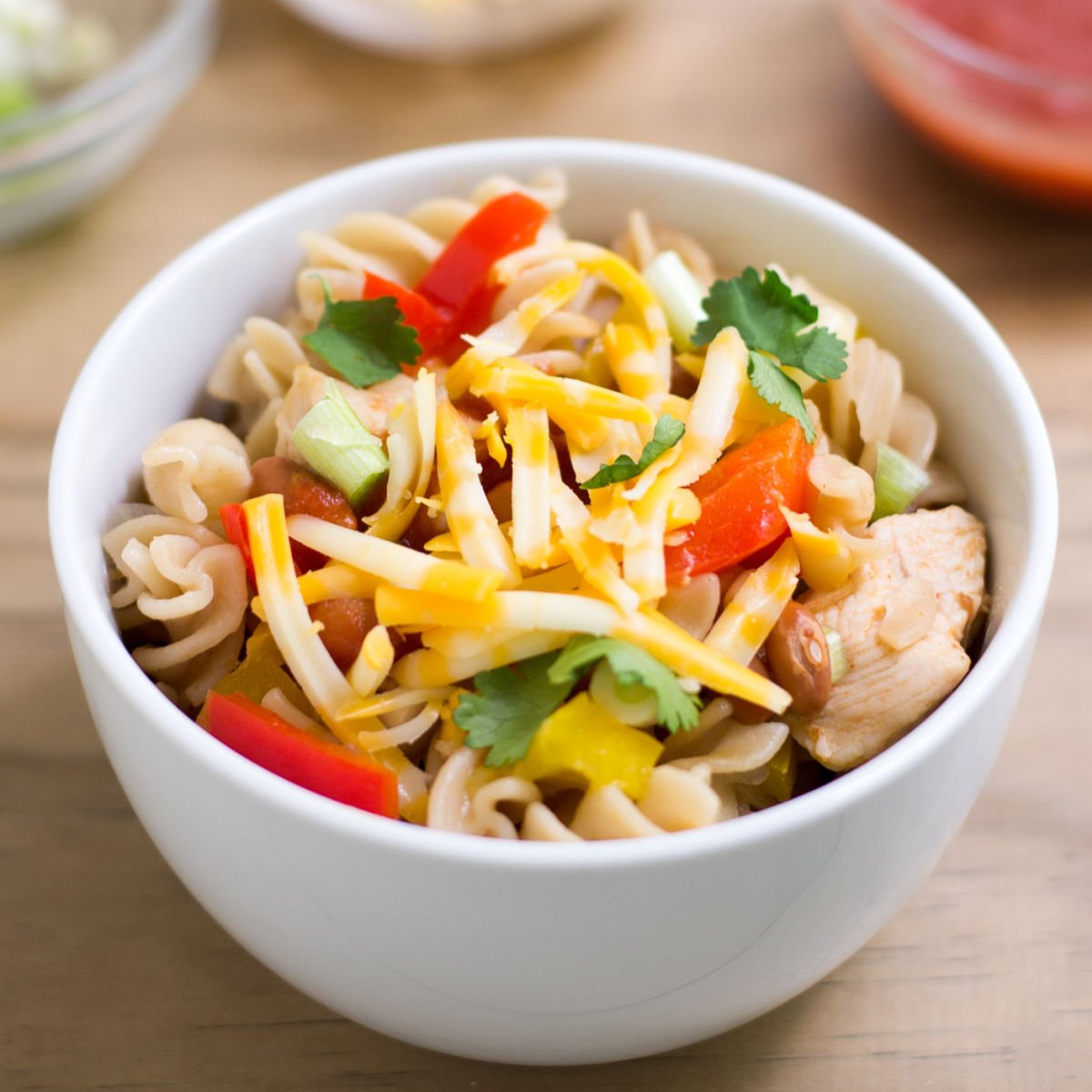 Chicken taco pasta in a bowl