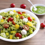 Pesto pasta salad in a bowl